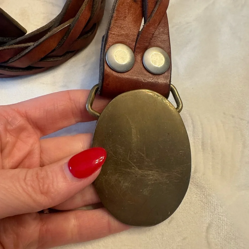 VTG! BTS Solid Brass! Braided Brown Leather Belt w/ Solid Brass Oval Buckle